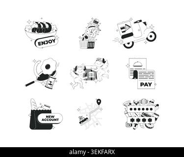Funky fast food order delivery clean onboarding illustration pack Stock Vector