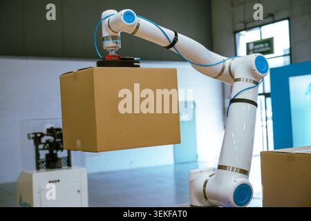 A white and blue industrial robotic arm lifts a cardboard box using a suction cup end effector during a logistics automation demonstration. Stock Photo