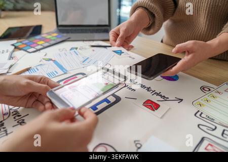 Women designers using transparent phone for AR mobile app UI UX prototyping Stock Photo