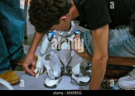 A young competitor adjusts a Nao humanoid robot on the floor during an educational robotics challenge focused on programming and automation. Stock Photo