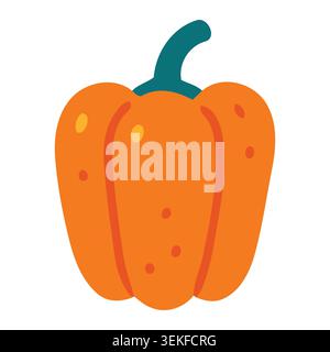 Vibrant orange bell pepper with green stem in clean flat vector style. Ideal for food packaging, branding, and editorial use. Features subtle shading Stock Vector