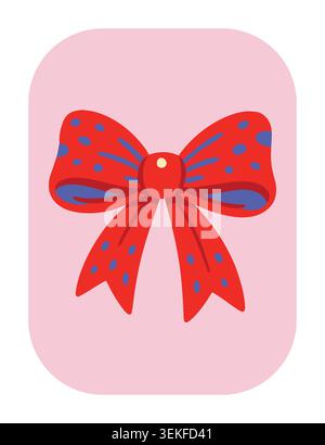 Vibrant red bow adorned with blue polka dots on a soft pink background in modern flat vector style. Ideal for gift wrapping paper, stationery, festive Stock Vector