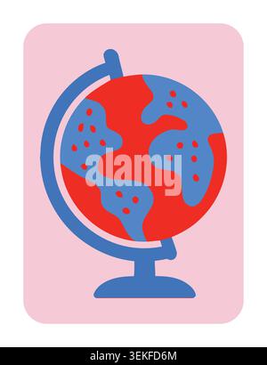 Vibrant flat vector globe illustration with red and blue continents on a pink background, perfect for educational websites, presentations, and childre Stock Vector