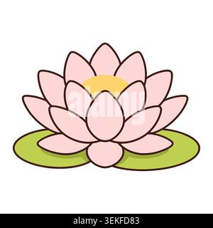 Flat vector illustration of a pink lotus flower with a yellow center on a green lily pad, perfect for nature-inspired wall art, educational materials, Stock Vector