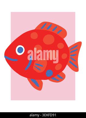 Vibrant red fish with blue fins and spots on a pink background, depicted in a cheerful flat vector style. Suitable for children's educational material Stock Vector
