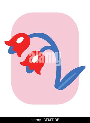 Vibrant flat vector illustration of two red flowers with blue stems on a pink background. Perfect for stationery, greeting cards, paper crafts, and mo Stock Vector