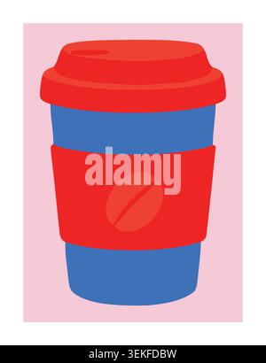 Flat vector illustration of a blue coffee cup with red lid and sleeve on pink background. Ideal for modern cafe branding, packaging, and advertising m Stock Vector