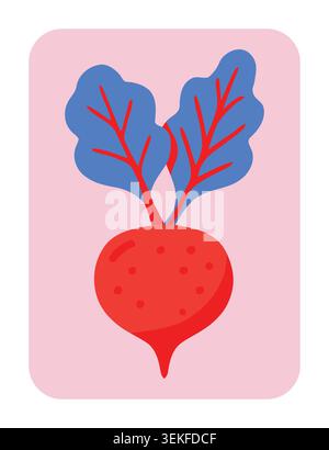 Vibrant red beetroot with blue-green leaves illustrated in modern flat style on soft pink background. Ideal for food packaging, vegetable branding, he Stock Vector