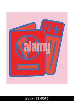Flat vector illustration of a passport with a globe symbol and an airplane ticket on a pink background, ideal for travel and tourism-related designs, Stock Vector