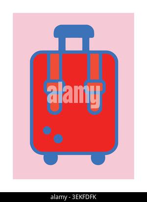 A vibrant, flat illustration of a red suitcase with bold blue outline and accents on a soft pink background, perfect for travel and luggage branding, Stock Vector