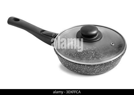 Non stick stone frying pan with a lid isolated on white background Stock Photo