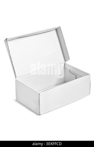 Opened empty white carton packaging box isolated over white Stock Photo