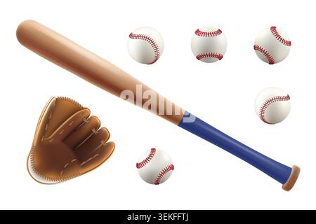 Baseball ball, bat glove realistic vector isolated. White softball, 3d wood stick, player base equipment clipart. Wooden vintage tool, american field Stock Vector