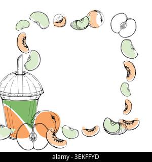 Corner design frame of layered detox smoothie takeaway plastic cup. Apple fruit, peach and apricot slices vector border hand drawn in ink. Food truck Stock Vector