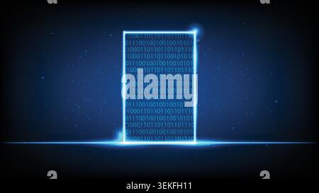 Glowing neon door with binary code matrix, Abstract futuristic technology gateway background Stock Vector