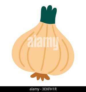 A stylized flat vector illustration of a single onion with a green top and beige body, ideal for use in food packaging, branding, and editorial conten Stock Vector