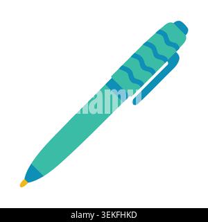 Flat vector illustration of a teal pen with blue accents and yellow tip on a white background, suitable for stationery, office supplies, and education Stock Vector