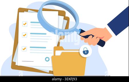 A professional illustration showing a hand with a magnifying glass auditing secure, locked documents stock Illustration. Stock Vector
