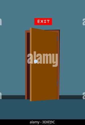 A brown wooden exit door stands slightly ajar in a dim room with a red emergency sign above. Stock Illustration Stock Vector