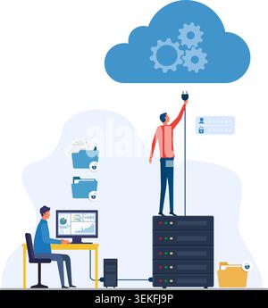 Man managing hybrid cloud server connection and data analytics on a modern digital network. Stock Illustration. Stock Vector