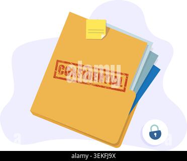 Yellow folder with confidential documents. Top secret data with red stamp. stock illustration Stock Vector