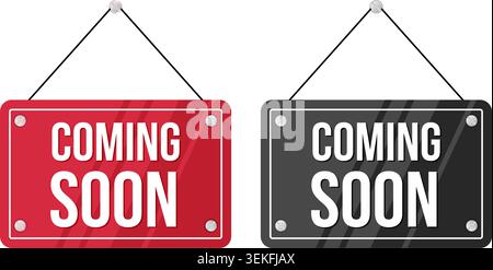 Two hanging signs in red and black featuring "Coming Soon" text for business launches. Vector stock graphics. Stock Vector