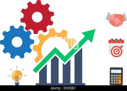 Business gears and a rising green arrow on a growth bar chart representing optimization and profit. Stock illustration. Stock Vector
