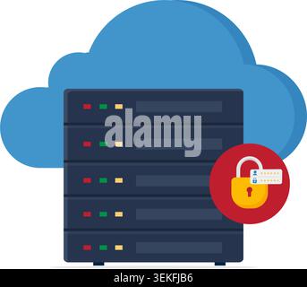 Secure cloud server rack with a padlock and login fields for data protection and privacy. Stock Illustration. Stock Vector