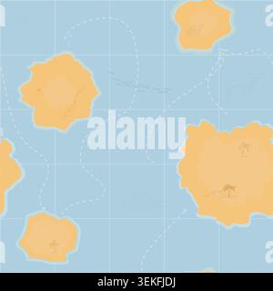 A treasure map with islands and marine life. Tropics and palm trees, a whale on the waves. Vector illustration. grid coordinates, dotted path, seamles Stock Vector