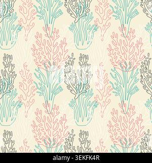 Marine vector background featuring hand drawn outline corals and seaweed. Perfect for summer textile design, wallpaper, wrapping paper and ocean theme Stock Vector
