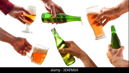 Multiple hands holding beer bottles and glasses isolated on white background, showcasing refreshment, celebration, and social drinking concepts. Stock Photo