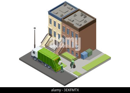 Urban isometric garbage truck collects household waste outside residential townhouse buildings. City sanitation concept with municipal service Stock Vector