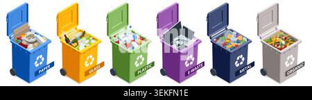 Colorful isometric recycle bin set for paper, glass, plastic, electronic, metal and organic waste on a plain background. Separate collection concept Stock Vector