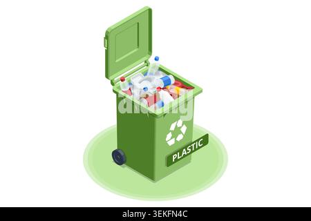 Green isometric plastic recycle bin filled with bottle and packaging waste on a clean background. Household sorting concept for separate collection Stock Vector