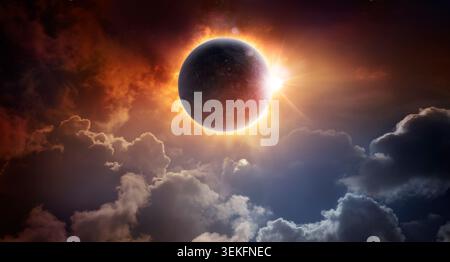 Total Solar Eclipse - Shadow Of Moon With Red Clouds At Sunset - Abstract Fantasy Composition With Lights Flare Effect - Contain 3D Rendering Moon And Stock Photo
