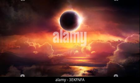 Total Solar Eclipse - Annular Shadow Of Moon With Red Clouds At Sunset On Ocean - Abstract Fantasy Composition With Lights Flare Effect Stock Photo