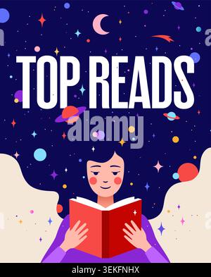 Book, Imagination, Dreams. Girl reading Stock Vector