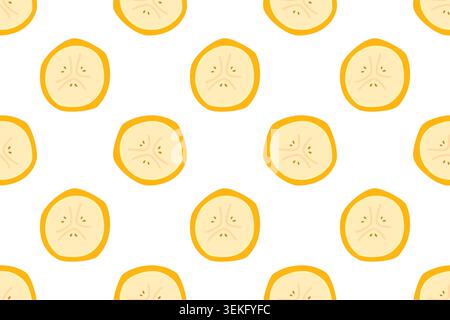 Seamless pattern with round yellow banana slices on clean white background. Fresh tropical fruit repeat texture for kids fabric, food packaging, and kitchen textiles Stock Vector