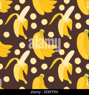Seamless pattern with yellow bananas, peeled fruits, and round slices on dark chocolate brown background. Delicious tropical fruit vector repeat texture for kids apparel, fabrics, sweet food packaging Stock Vector