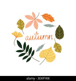 Autumn Leaves Wreath Vector Illustration Flat Geometric Fall Foliage Round Frame Stock Vector