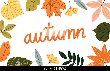 Autumn Leaves Horizontal Banner Vector Illustration Flat Geometric Fall Foliage Frame Stock Vector