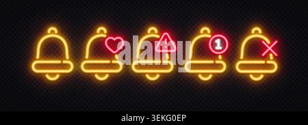 Neon yellow notification bell icon set with heart, warning, counter and mute variants on dark background. Bright alert UI elements for social media Stock Vector