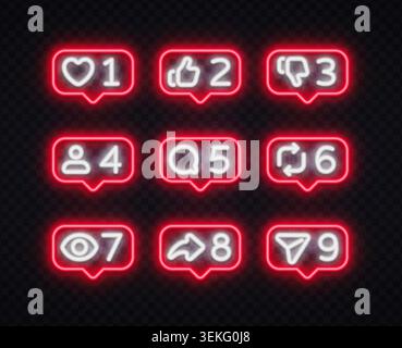 Set of 9 neon red social media notification bubbles with like, dislike, comment, follow, share and view icons on dark background. Glowing UI elements Stock Vector
