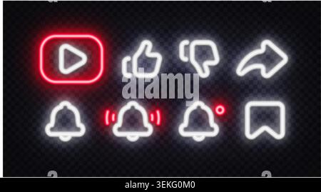 Neon social media icon set with red play button, like, dislike, share, bell and bookmark symbols on dark background. Glowing UI kit for video platform Stock Vector