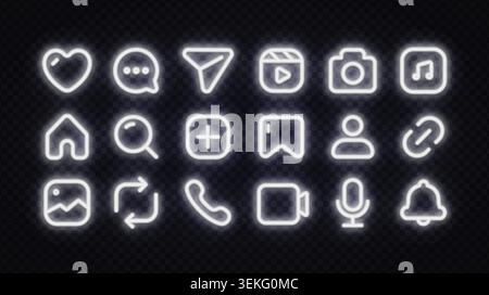 Set of 18 white neon glowing social media icons including heart, chat, camera, home, search, bell and more on dark background. Minimal UI icon kit for Stock Vector
