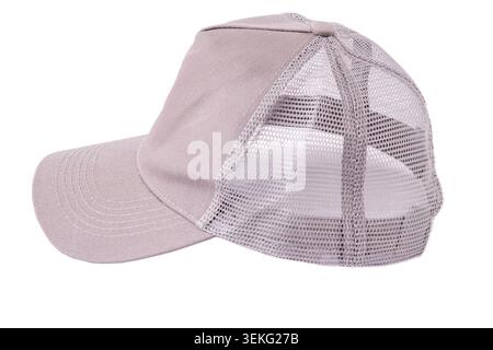 Mesh Trucker Hat isolated on White Background. Baseball Cap Casual Headwear. Stock Photo
