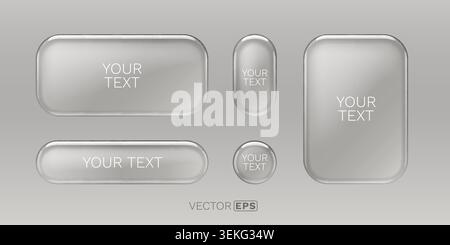Set of clear transparent glass buttons for modern UI. Empty glossy web elements on a light background. Vector illustration. Stock Vector