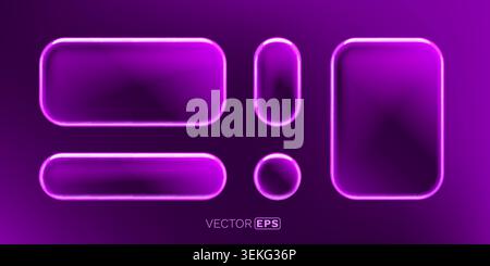 Modern glowing purple 3D UI elements set. A sleek collection of glossy frames and buttons with neon effect on dark background. Vector illustration. Stock Vector