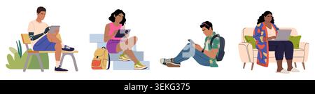 Set of diverse people work remotely, each focused Stock Vector