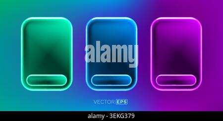 Vibrant neon glow frames with glossy effect on a gradient background. Futuristic abstract UI design elements. Vector illustration Stock Vector